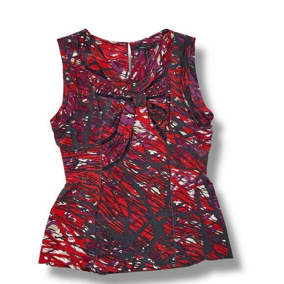 BCBGMaxAzria Abstract Print Knot Front Silk Blouse Sleeveless Black Red Medium - Picture 12 of 12